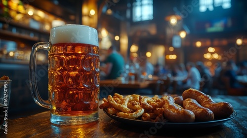 Enjoying craft beer with pretzels and sausages at a rustic bar in the evening