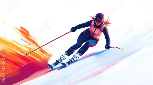 A contemporary artistic depiction of a female skier energetically navigating a snowy landscape, featuring sleek lines and vibrant color contrasts.