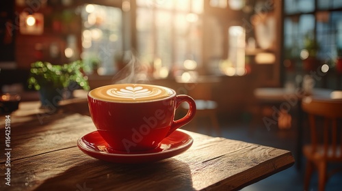 Warm coffee cup with latte art sitting on wooden table in a cozy cafe during ...