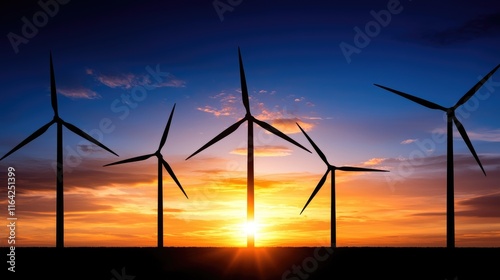 Sunset behind wind turbines creating renewable energy scenic landscape nature setting aesthetic viewpoint