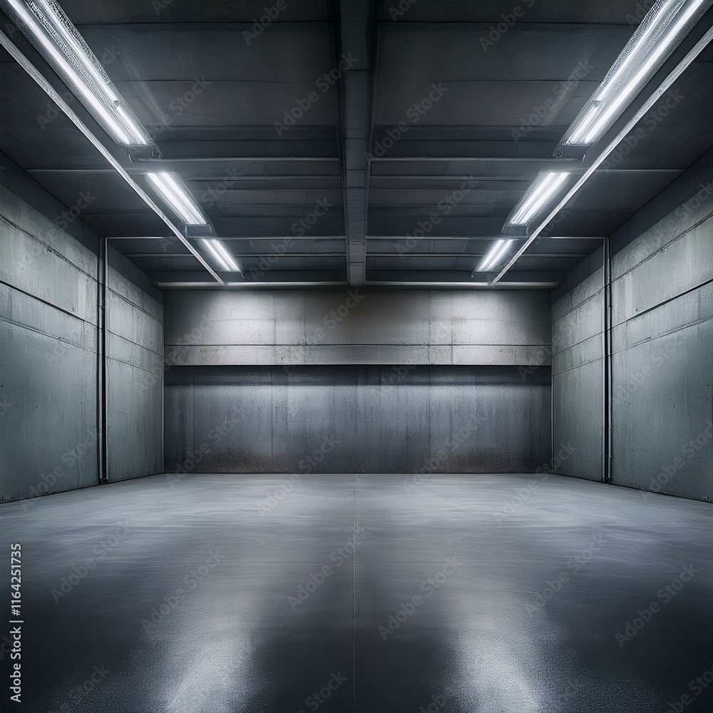 stock photo features a dimly lit, empty concrete garage with gray walls. stock photo features a dimly lit, empty concrete garage with gray walls.