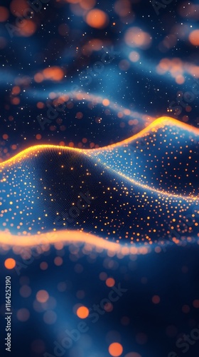 Colorful abstract design showcasing waves and particles in blue and orange tones