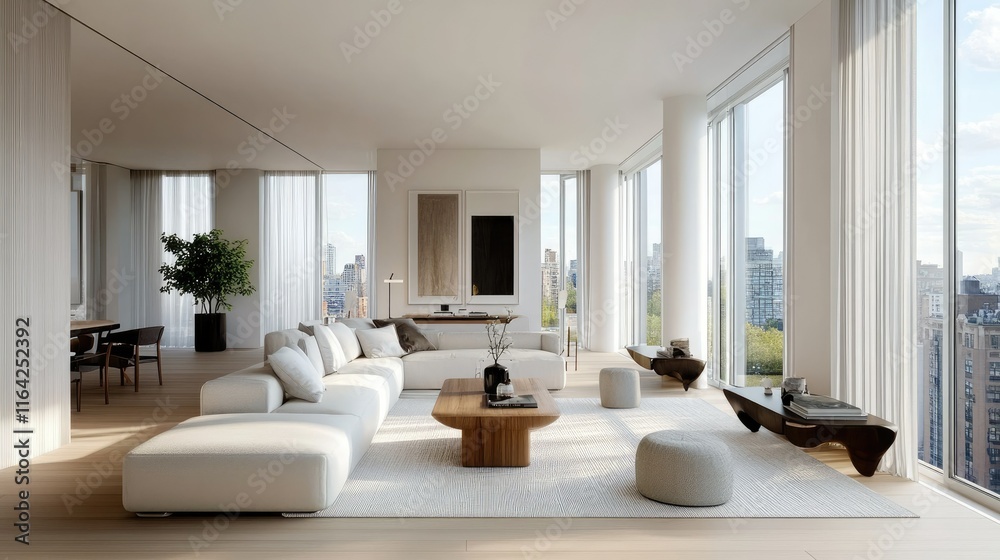 Modern Bright Living Room with Large Windows and Urban View Modern Bright Living Room with Large Windows and Urban View