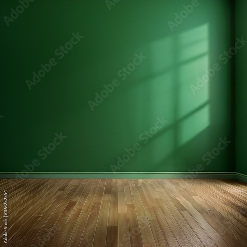 An empty room with a vibrant green wall and polished wooden floor provides a serene