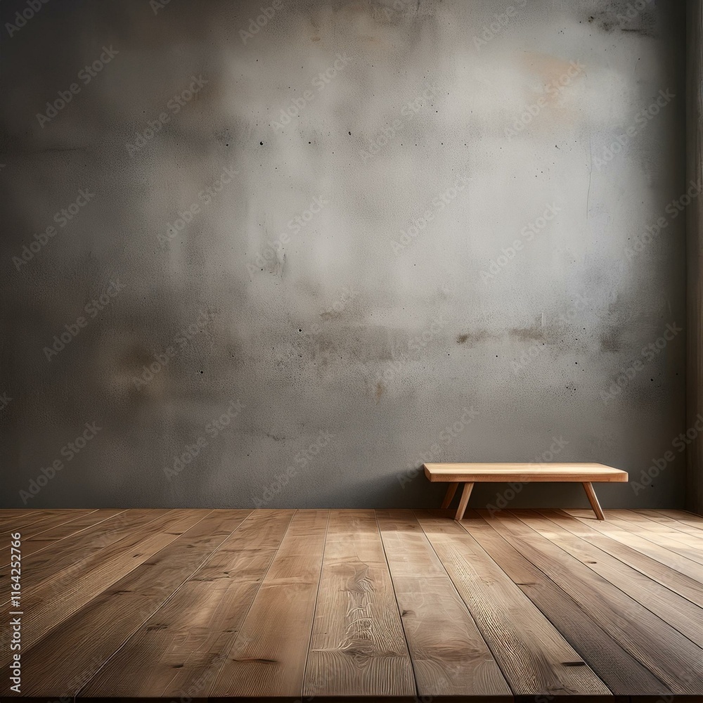 An empty studio scene with concrete walls and a wooden table set against a minimalist An empty studio scene with concrete walls and a wooden table set against a minimalist