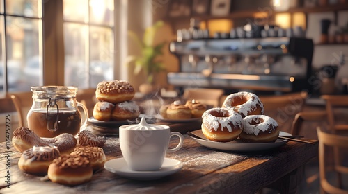 A Cozy CafÃ Scene with Patrons Enjoying Freshly Baked Doughnuts and Steaming Coffee