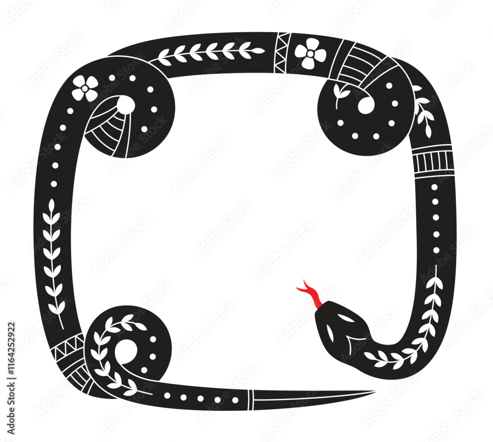Frame from coiled snake with ornaments on white background. Chinese lunar new year symbol 2025. Vector illustration Frame from coiled snake with ornaments on white background. Chinese lunar new year symbol 2025. Vector illustration