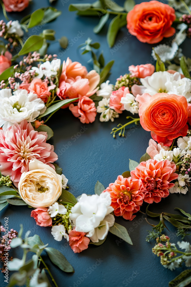 A wreath of flowers on a blue surface A wreath of flowers on a blue surface