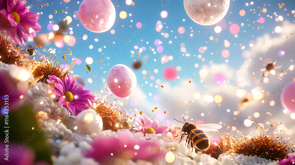 vibrant scene of honeybee on colorful flowers, surrounded by floating particles and bright sky, creating magical atmosphere vibrant scene of honeybee on colorful flowers, surrounded by floating particles and bright sky, creating magical atmosphere