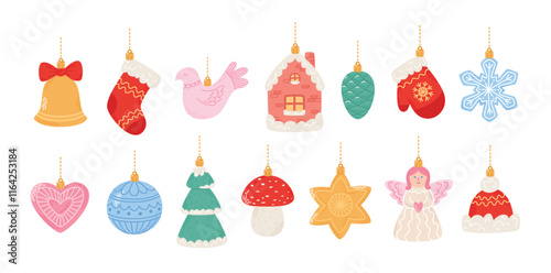 Various Christmas ornaments set. Big Christmas tree decorations collection. Vector illustrations isolated on white background
