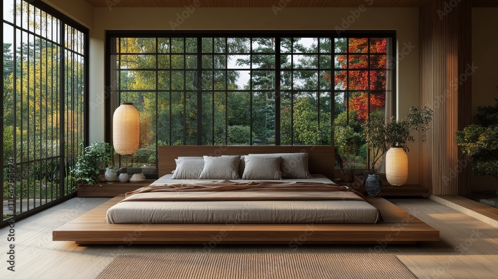 Bright and spacious bedroom with modern decor and large windows in a cozy home Bright and spacious bedroom with modern decor and large windows in a cozy home