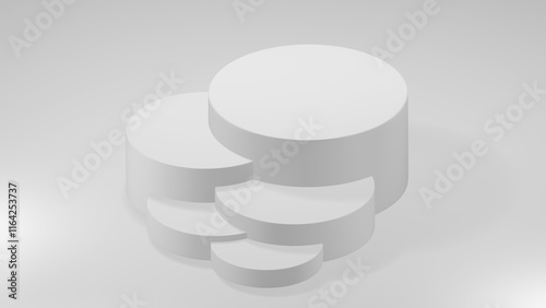3D Cylinder 5 white pedestal podiums with layer and close up on background clean luxury style