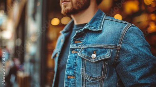 Stylish man in denim jacket poses outside trendy boutique during autumn after...