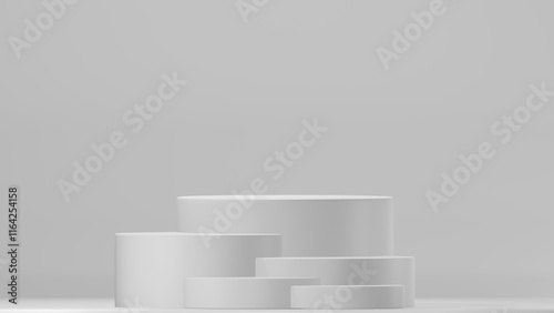 3D Cylinder 5 white pedestal podiums with layer and close up on background clean luxury style