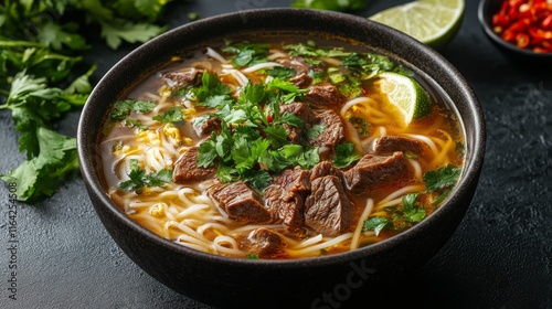 Savory bowl of beef noodle soup garnished with fresh herbs and lime wedge