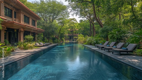 Serene outdoor space featuring a tranquil swimming pool surrounded by lush gr...