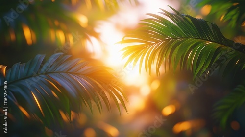 Sunlit palm fronds, tropical sunset.