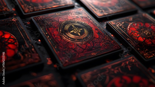 Elegant and Unique Tarot Card Packaging Cover Design with Deep Red and Black Color Scheme Capturing Mystical Readings