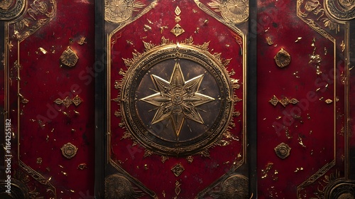 Intricate and Mystical Tarot Card Packaging Cover Design with Deep Red Background and Gold Accents for Captivating Artistic Appeal