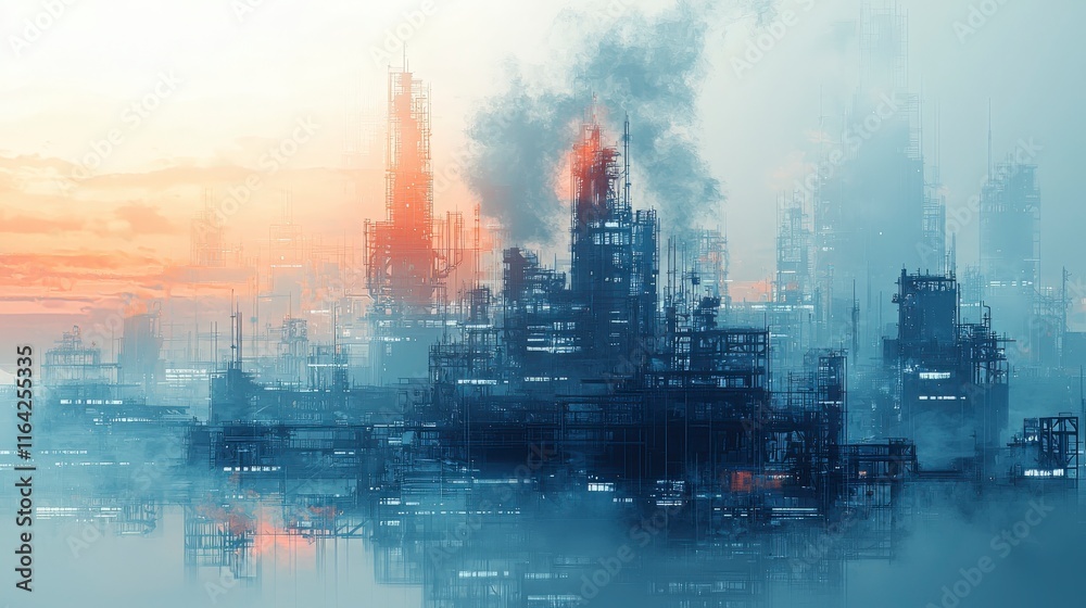 Naklejka premium uturistic Industrial Cityscape at Sunset.