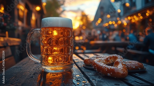 Enjoying craft beer with pretzels and sausages at a rustic bar in the evening