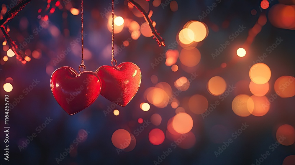 Romantic Red Hearts Hanging on a Branch with Colorful Bokeh Lights