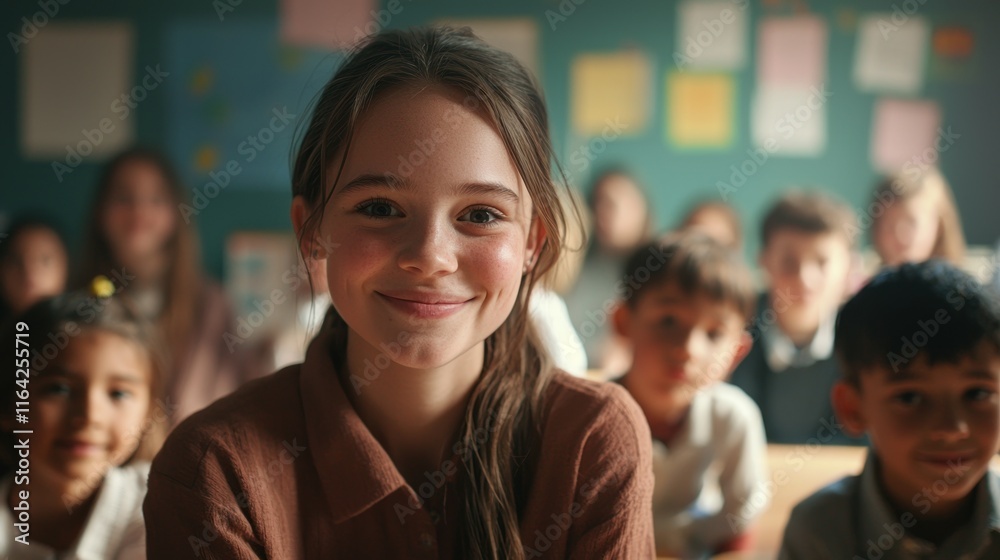 Smiling Girl in Classroom with Friends, Education, Students, Learning, School, Children, Happy, Joyful, Youth, Friendship, Innocence, Childhood, Togetherness Smiling Girl in Classroom with Friends, Education, Students, Learning, School, Children, Happy, Joyful, Youth, Friendship, Innocence, Childhood, Togetherness