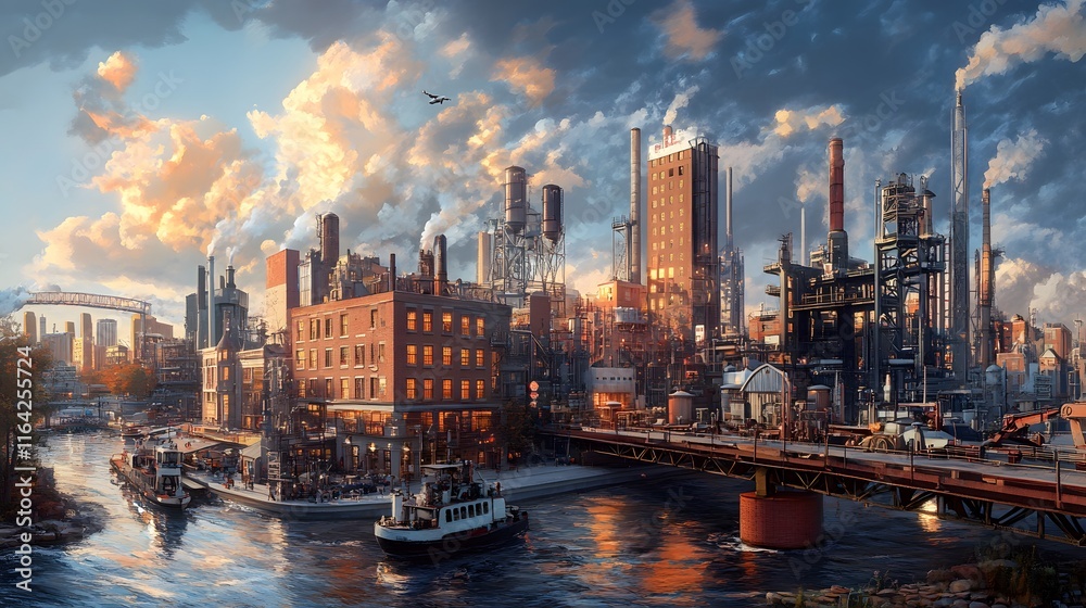 Obraz premium A Visionary Connection Between A Thriving Urban City and A High-Tech Robotic Manufacturing Facility