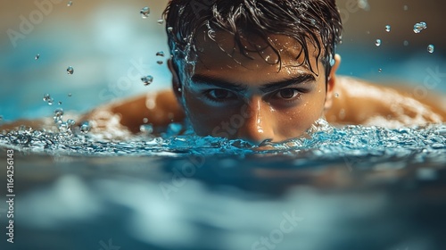 Swimmer gliding through clear water during sunset in a serene underwater envi...