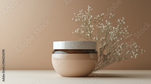 Elegant cosmetic jar with delicate flowers on a minimalist backdrop