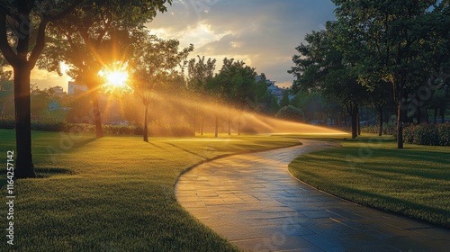 Serene morning watering of lush green lawn along charming residential pathway