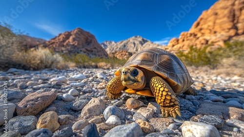 Desert tortoise exploring rocky terrain under a clear blue sky in a remote lo...