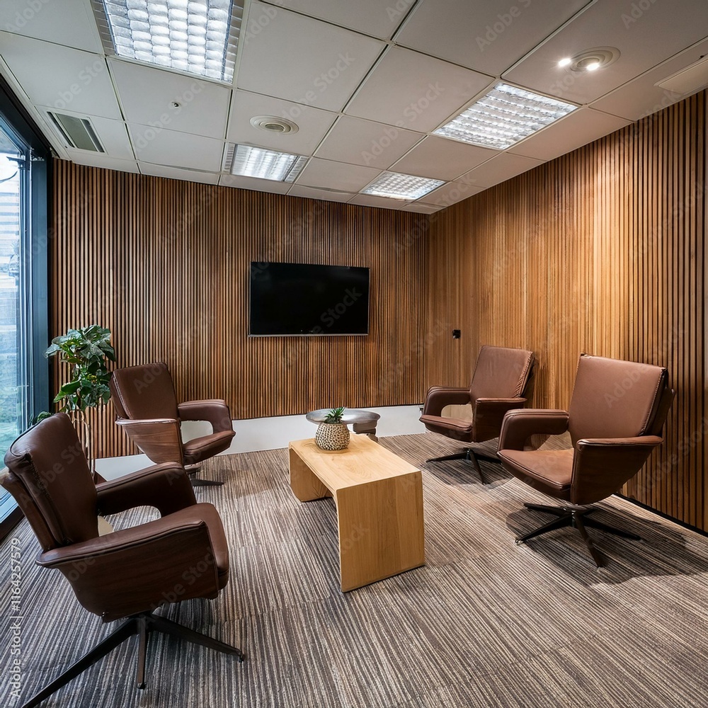 Fototapeta premium A wooden office waiting room is furnished with comfortable armchairs and features