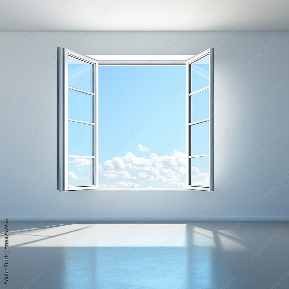 Fototapeta premium Bright, airy room with open windows showcasing a clear blue sky and fluffy white clouds.