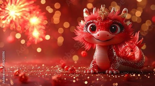 Festive 3D Cute Red Chinese Dragon Celebrates New Year Festival with Fireworks
