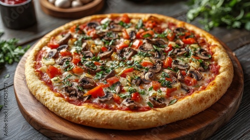 Freshly baked vegetarian pizza topped with mushrooms and fresh herbs on woode...
