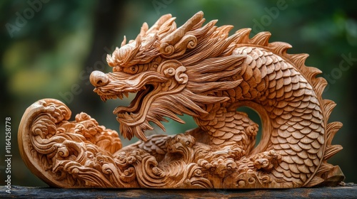 Intricate wooden dragon sculpture on display in artisan workshop showcasing f...