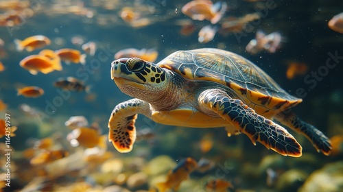 Sea turtle glides gracefully through clear water surrounded by colorful fish ...