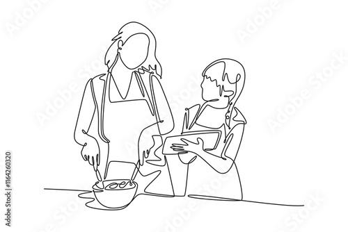 Mother and daughter concept. Single line draw design vector graphic illustration.	