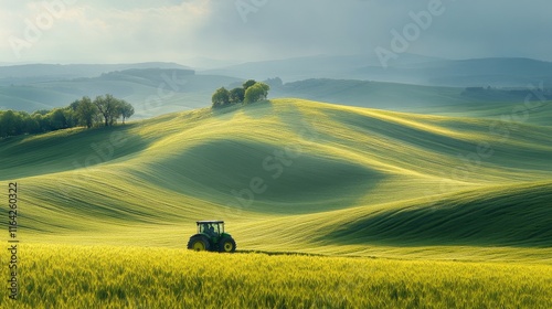Tractor cultivating a lush green cornfield on a sunny day in a rural area