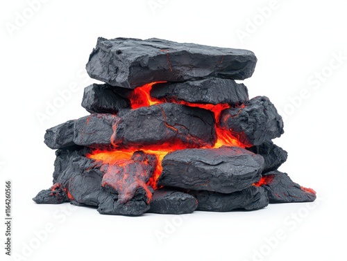 A pile of black rocks with glowing red lava peeking through, creating a striking contrast and evoking the imagery of volcanic activity. photo