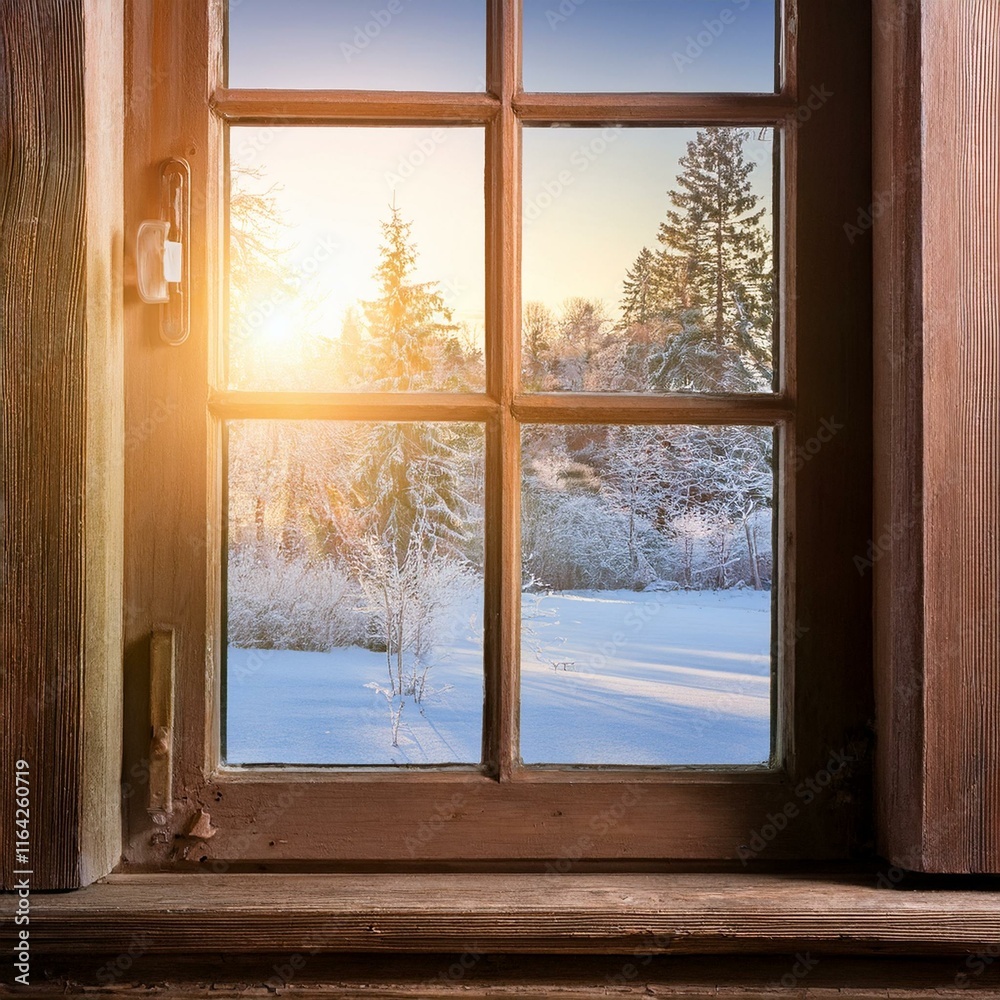 Fototapeta premium A blurred winter view from a window with sunlight streaming through glass creates a serene