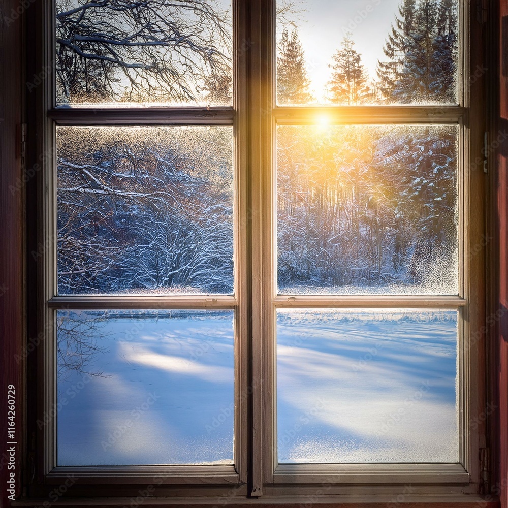 Naklejka premium A blurred winter view from a window with sunlight streaming through glass creates a serene