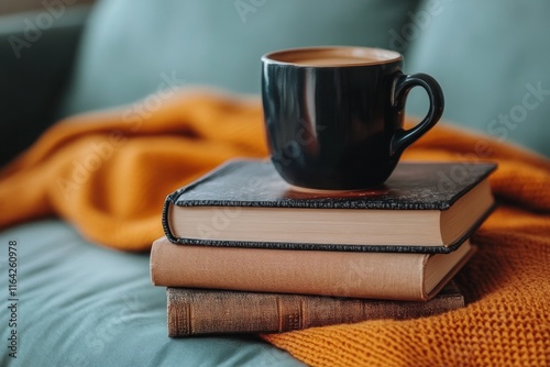 Cozy setting with a floral mug of coffee on top of vintage books during the afternoon photo