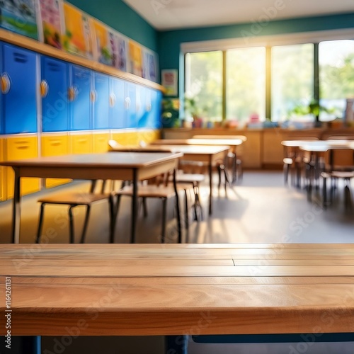 A wooden desk is set against a blurred backdrop of a child s room or kindergarten interior