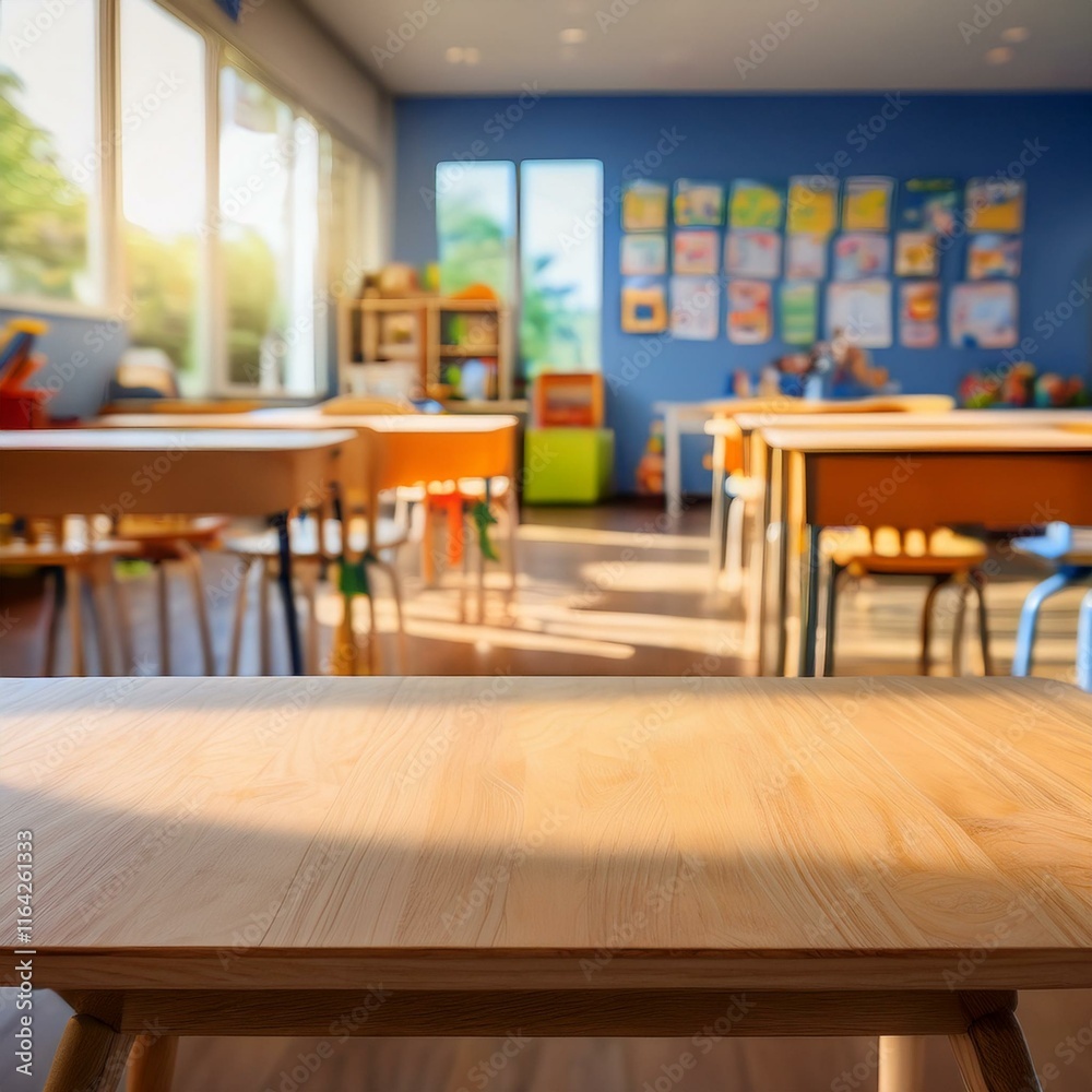 A wooden desk is set against a blurred backdrop of a child's room or kindergarten interior A wooden desk is set against a blurred backdrop of a child's room or kindergarten interior