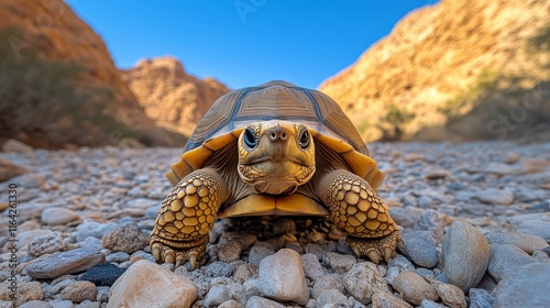 Desert tortoise exploring rocky terrain under a clear blue sky in a remote lo...