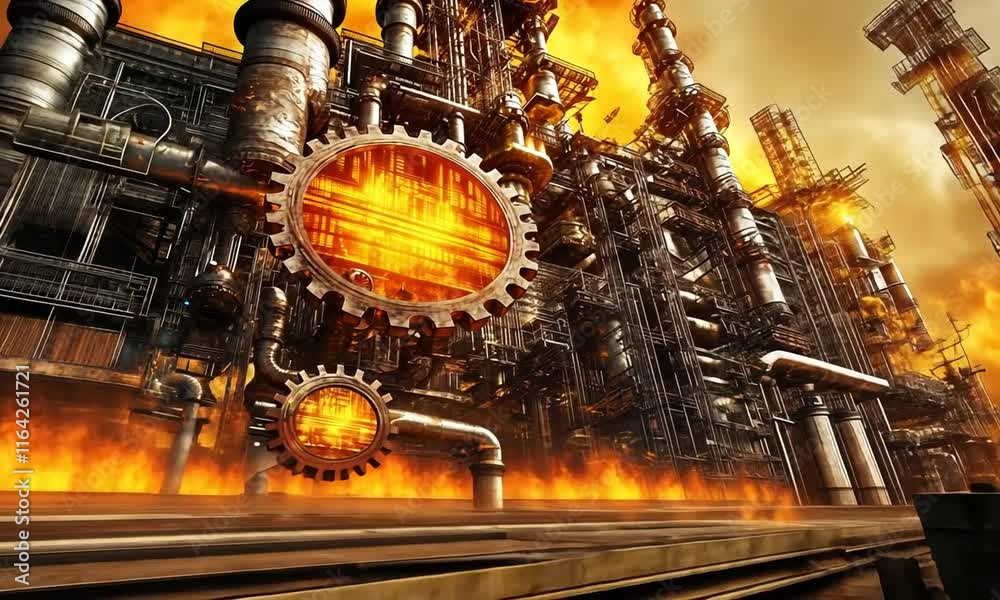 A large industrial building with a large red circle on it A large industrial building with a large red circle on it