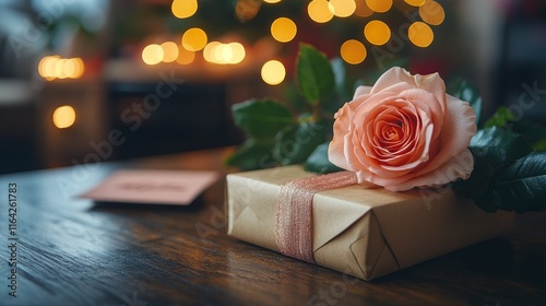Gift box adorned with a pink rose on a wooden table with festive lights in th...