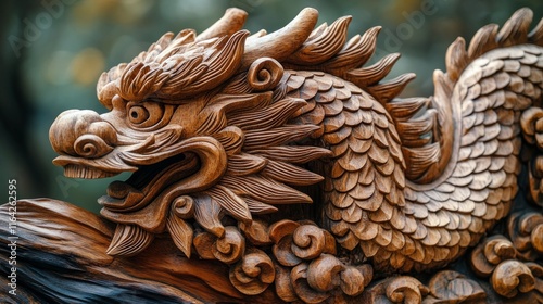 Intricate wooden dragon sculpture on display in artisan workshop showcasing f...